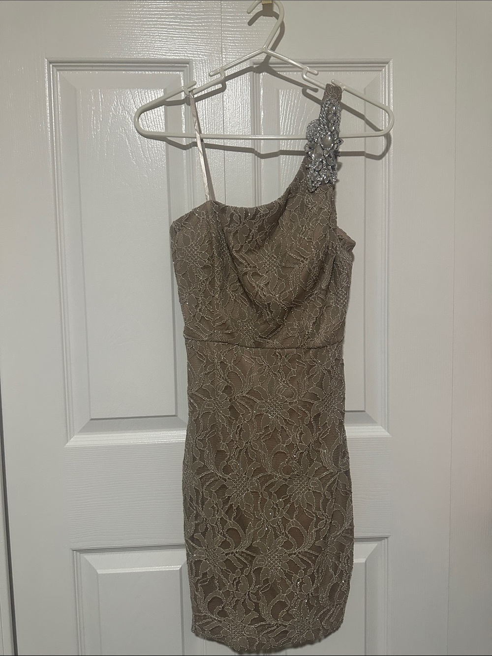 Jodi Kristopher One-Shoulder Taupe Lace Dress with Jeweled Strap
